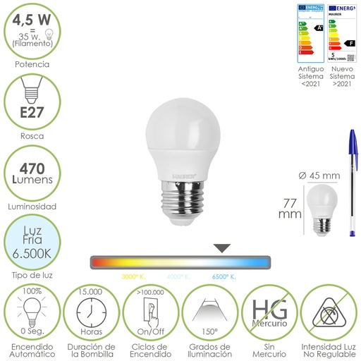 [19073137] Bombilla Led Esferica Rosca E27 4.5 Watt. Equivale A 55 Watt. 470 Lumenes. Luz Fria (6500º K)