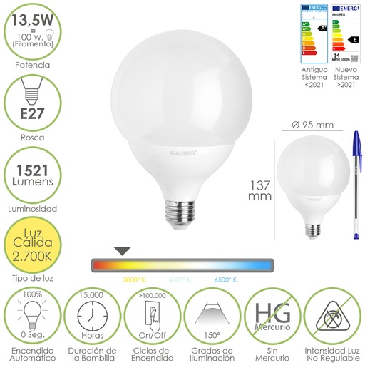 [19073174] Bombilla Led Esfera Globo E27. 13,5 Watt. Equivale A 100 Watt. 1521 Lumenes. Luz Calida 3000º K.