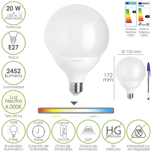 [19073188] Bombilla Led Globo E27. 20 Watt. Equivale A 150 Watt. 2452 Lumenes. Luz Neutra 4000º K.