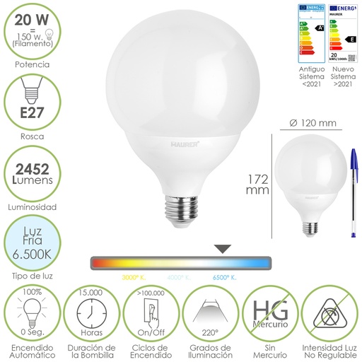 [19073189] Bombilla Led Globo E27. 20 Watt. Equivale A 150 Watt. 2452 Lumenes. Luz Fria 6500º K.