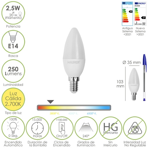[19073270] Bombilla Led Vela E14. 2,5 Watt. Equivale A 20 Watt. 250 Lumenes. Luz Calida 2700º K.