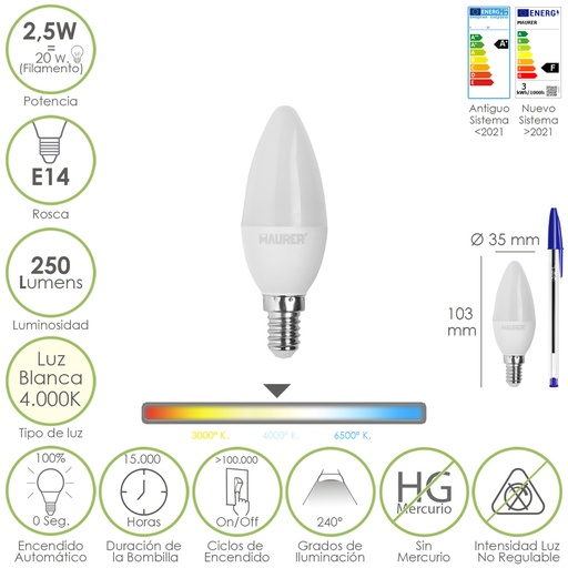 [19073271] Bombilla Led Vela E14. 2,5 Watt. Equivale A 20 Watt. 250 Lumenes. Luz Neutra 4.000º K.