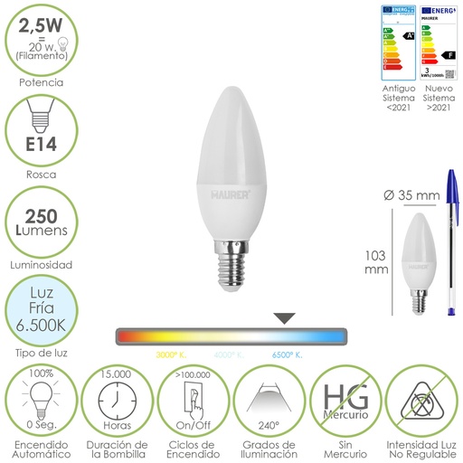 [19073272] Bombilla Led Vela E14. 2,5 Watt. Equivale A 20 Watt. 250 Lumenes. Luz Fria 6500º K.