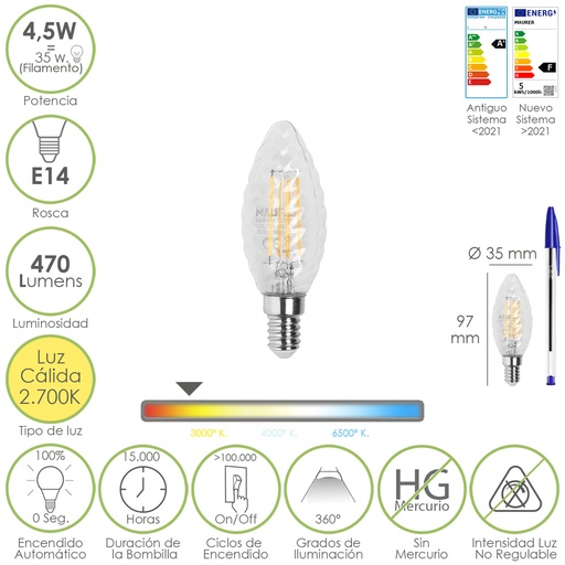 [19073275] Bombilla Led Filamento Vela Twist. E14. 4,5 Watt. Equivale A 35 Watt. 470 Lumenes. Luz Calida 2700º K.
