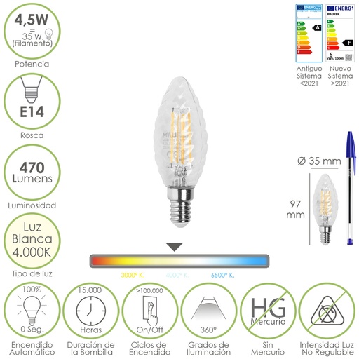 [19073276] Bombilla Led Filamento Vela Twist. E14. 4,5 Watt. Equivale A 35 Watt. 470 Lumenes. Luz Neutra 4000º K.