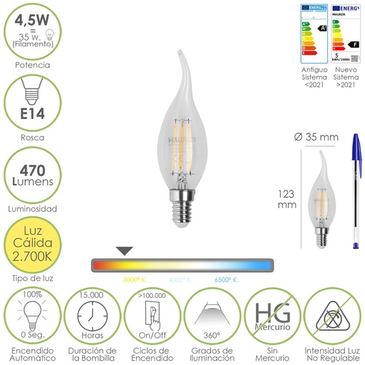 [19073280] Bombilla Led Filamento Vela Llama E14. 4,5 Watt. Equivale A 35 Watt. 470 Lumenes. Luz Calida 2700º K.