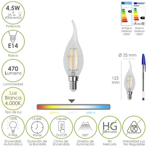 [19073281] Bombilla Led Filamento Vela Llama E14. 4,5 Watt. Equivale A 35 Watt. 470 Lumenes. Luz Neutra 4000º K.