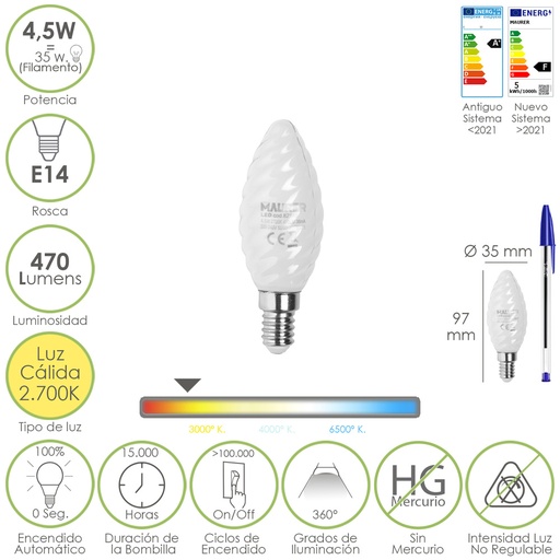 [19073300] Bombilla Led Filamento Vela Esmerilada E14. 4,5 Watt. Equivale A 35 Watt. 470 Lumenes. Luz Calida 2700º K.
