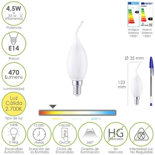 [19073305] Bombilla Led Filamento Vela Llama Esmerilada E14. 4,5 Watt. Equivale A 35 Watt. 470 Lumenes. Luz Calida 2700º K.