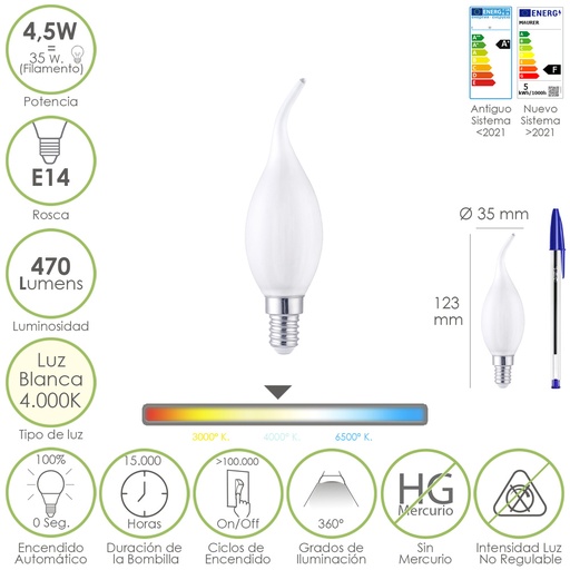 [19073306] Bombilla Led Filamento Vela Llama Esmerilada E14. 4,5 Watt. Equivale A 35 Watt. 470 Lumenes. Luz Neutra 4000º K.