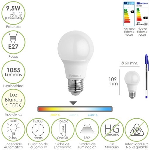 [19073070] Bombilla Led Estandar Rosca E27. 9.5 Watt. Equivale A 75 Watt. 1055 Lumenes. Luz Neutra (4000º K.)
