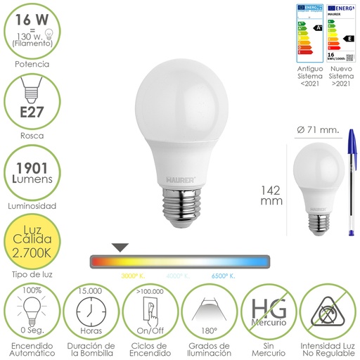 [19073095] Bombilla Led Estandar Rosca E27. 16 Watt. Equivale A 130 Watt. 1901 Lumenes. Luz Calida 2.700º K.