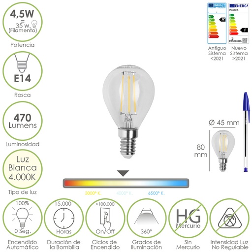 [19073001] Bombilla Led Filamento Esfera Rosca E14. 4,5 Watt. Equivale A 35 Watt. 470 Lumenes. Luz Neutra 4000º K.