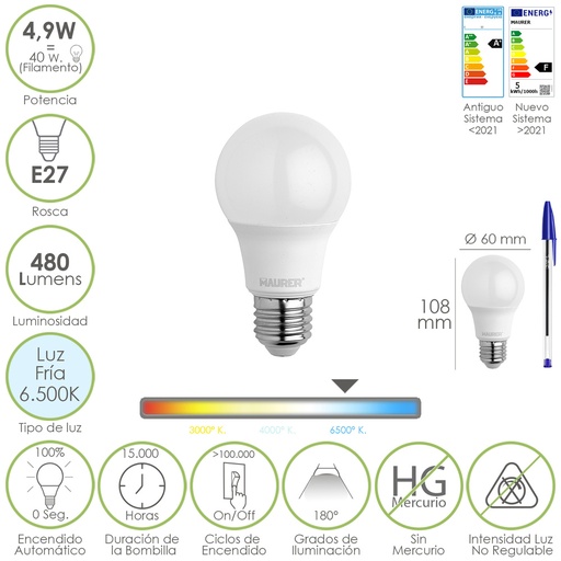 [19073046] Bombilla Led Estandar Rosca E27. 4.9 Watt. Equivale A 40 Watt. 480 Lumenes. Luz Fria (6500º K.)