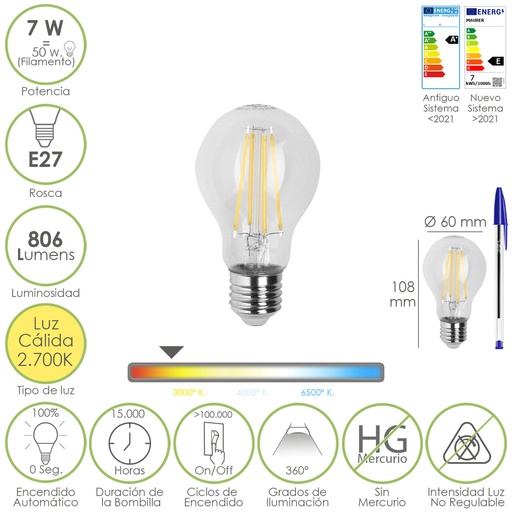 [19073010] Bombilla Led Filamento Standar Rosca E27. 7 Watt. Equivale A 50 Watt. 806 Lumenes. Luz Calida 2700º K.