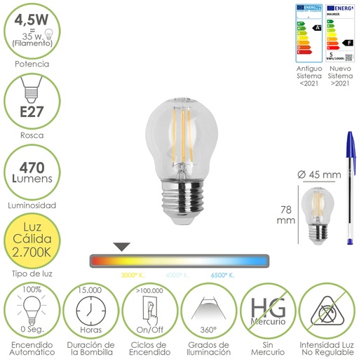 [19073002] Bombilla Led Filamento Esfera Rosca E27. 4,5 Watt. Equivale A 35 Watt. 470 Lumenes. Luz Calida 2700º K.