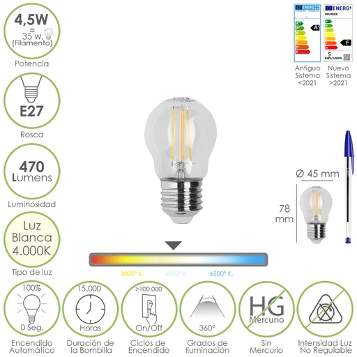 [19073003] Bombilla Led Filamento Esfera Rosca E27. 4,5 Watt. Equivale A 35 Watt. 470 Lumenes. Luz Neutra 4000º K.