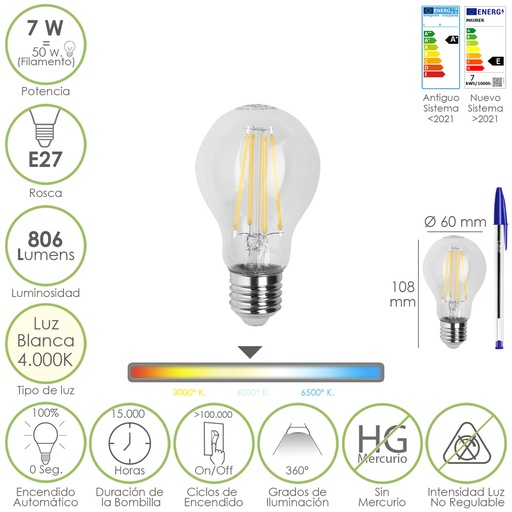 [19073011] Bombilla Led Filamento Standar Rosca E27. 7 Watt. Equivale A 50 Watt. 806 Lumenes. Luz Neutra 4000º K.