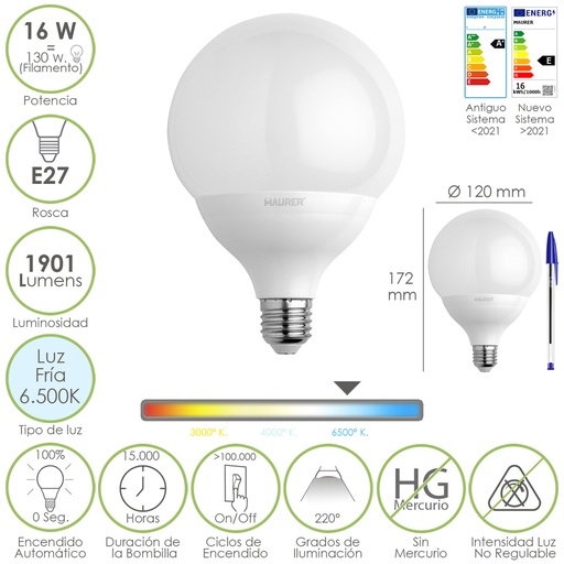 [19073186] Bombilla Led Globo Rosca E27. 16 Watt. Equivale A 130 Watt. 1901 Lumenes. Luz Fria 6500º K.