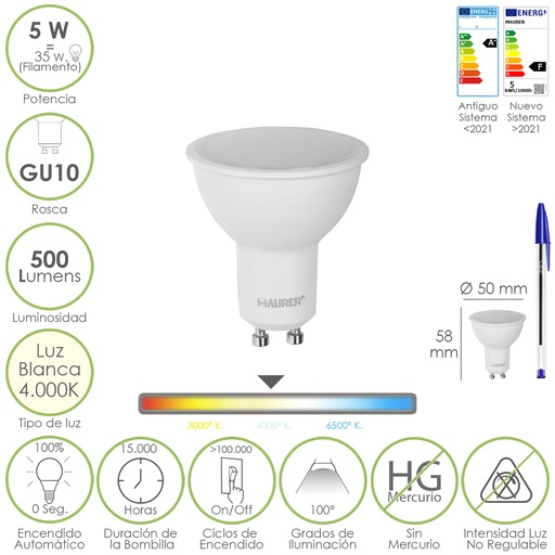 [19073201] Bombilla Led Dicroica Rosca GU10. 5 Watt. Equivale A 35 Watt. 500 Lumenes. Luz Neutra 4000º K