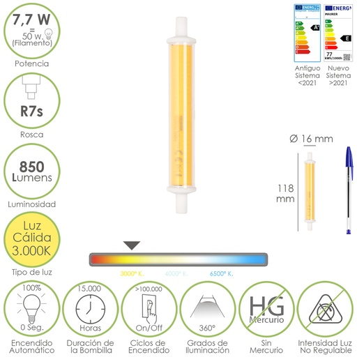 [19073240] Bombilla Led Para Focos Rosca R7S. 7,7 Watt. Equivale a 50 Watt. 850 Lumenes. Luz Cálida (3000º K.)
