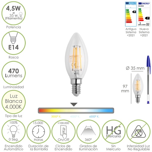 [19073006] Bombilla Led Filamento Vela Rosca E14. 4,5 Watt. Equivale A 35 Watt. 470 Lumenes. Luz Neutra 4000º K.