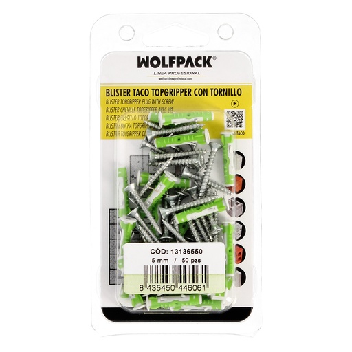 [13136550] Blister Tacos Topgripper Bimaterial Con Tornillos Ø 5 mm. 50 Piezas Taco Anclaje Universal, Taco Hormigon, Taco Pladur,