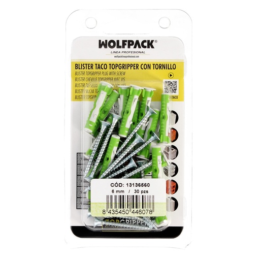[13136560] Blister Tacos Topgripper Bimaterial Con Tornillos Ø 6 mm. 30 Piezas Taco Anclaje Universal, Taco Hormigon, Taco Pladur