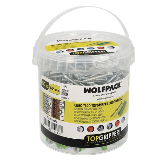 [13136050] Cubo Tacos Topgripper Bimaterial Con Tornillos Ø 6 mm. 250 Piezas Taco Anclaje Universal, Taco Hormigon, Taco Pladur