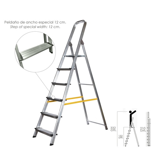 [23010505] Escalera Doméstica Aluminio Profesional 6 Peldaños 12 cm Grosor.