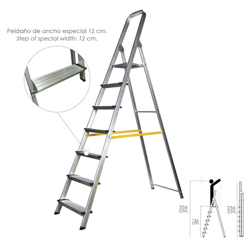 [23010510] Escalera Doméstica Aluminio Profesional 7 Peldaños 12 cm Grosor.