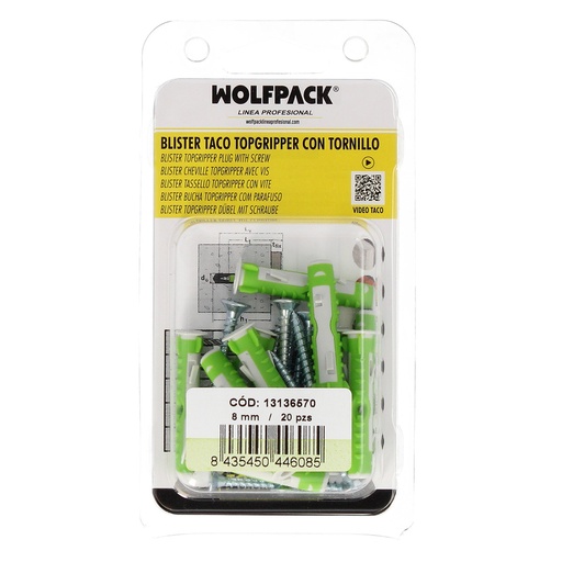 [13136570] Blister Tacos Topgripper Bimaterial Con Tornillos Ø 8 mm. 20 Piezas Taco Anclaje Universal, Taco Hormigon, Taco Pladur