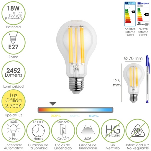 [19073020] Bombilla Led Filamento Standar Rosca E27. 18 Watt. Equivale A 130 Watt. 2462 Lumenes. Luz Calida 2.700 º K.