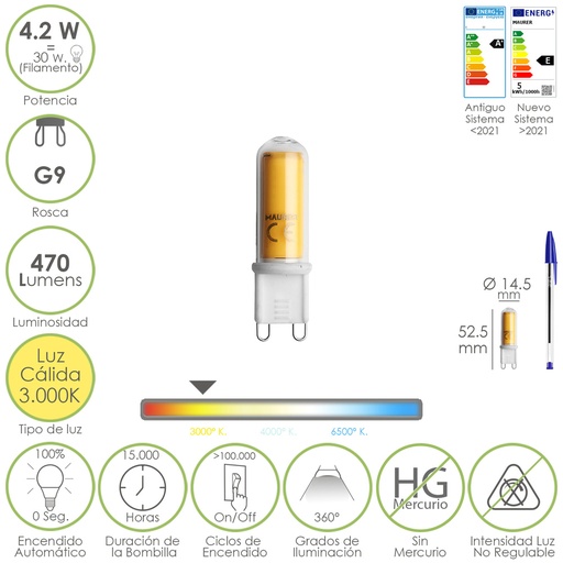 [19073233] Bombilla Led Rosca G9. 4.2 Watt. Equivale A 15 Watt. 470 Lumenes. Luz Calida (3000º K.)