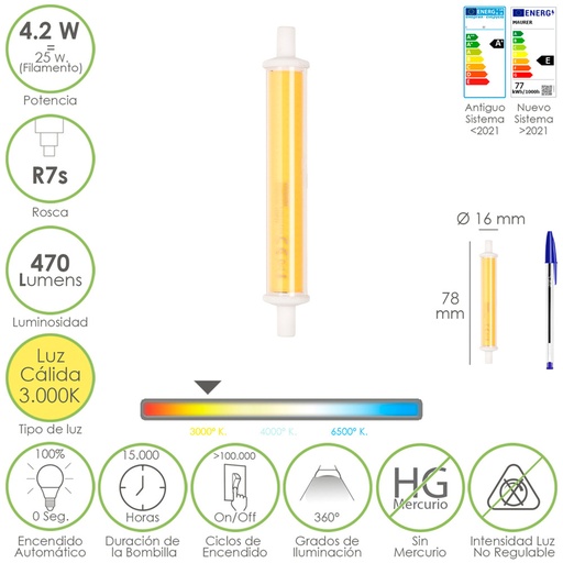 [19073239] Bombilla Led Rosca R7s 4.2 Watt. Equivale A 25 Watt. 470 Lumenes. Luz Calida (3000º K.)