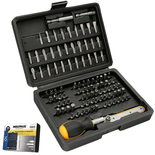 [2323600] Juego Puntas con Destornillador 1/4" 99 Pzs. Con Apadtador. Cromo Vanadio, Kit Llave Combinada, Kit Carraca,