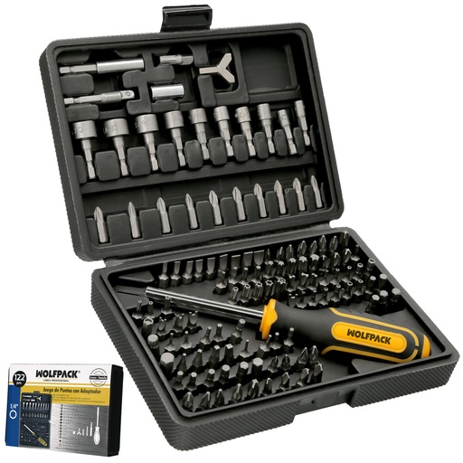 [2323605] Juego Puntas con Destornillador 1/4" 122 Pzs. Con Apadtador. Cromo Vanadio, Kit Llave Combinada, Kit Carraca,
