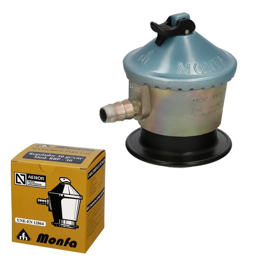 [5050290] Regulador Gas Butano Monfa (30 Grms./cm2) Alcachofa Gas, Regulador Gas Butano. Presión 29 mbar. Caudal 2,5 Kg/hora