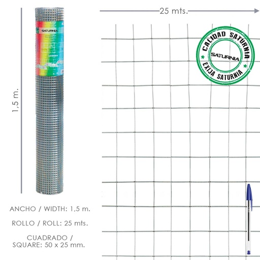 [1200147] Malla Electrosoldada Galvanizada 50x25 / 2,00 / 150 cm. GA Rollo 25 metros.