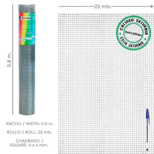 [1201210] Malla Electrosoldada Galvanizada 6x6 / 80 cm. rollo 25 Metros Uso Domestico