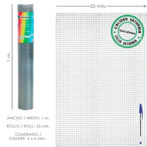 [1201220] Malla Electrosoldada Galvanizada 6x6 / 100 cm. rollo 25 Metros Uso Domestico