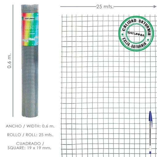 [1201300] Malla Electrosoldada Galvanizada 19x19 / 60 cm. rollo 25 Metros Uso Domestico
