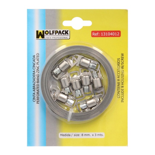 [13104012] Cinta Abrazadera  cortar Zincada   8 mm.  x 3 m. con 8 tornillos Abrazadera Metalica de Tornillo, Abrazadera Sin Fin