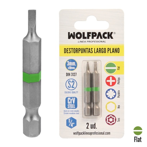 [2511575] Puntas Destornillador Largo Plano 3 mm. (2 Piezas). Acero S2 al Cromo Vanadio. Puntas Hexagonales, Destorpuntas,