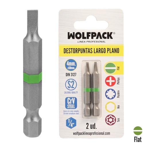 [2511580] Puntas Destornillador Largo Plano 4 mm. (2 Piezas). Acero S2 al Cromo Vanadio. Puntas Hexagonales, Destorpuntas,