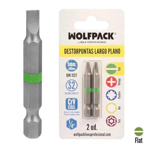 [2511585] Puntas Destornillador Largo Plano 5 mm. (2 Piezas). Acero S2 al Cromo Vanadio. Puntas Hexagonales, Destorpuntas,