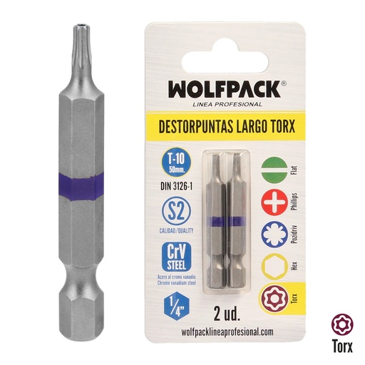 [2511750] Puntas Largas Destornillador Torx T10 (2 Piezas). Acero S2 al Cromo Vanadio. Puntas Hexagonales, Destorpuntas,