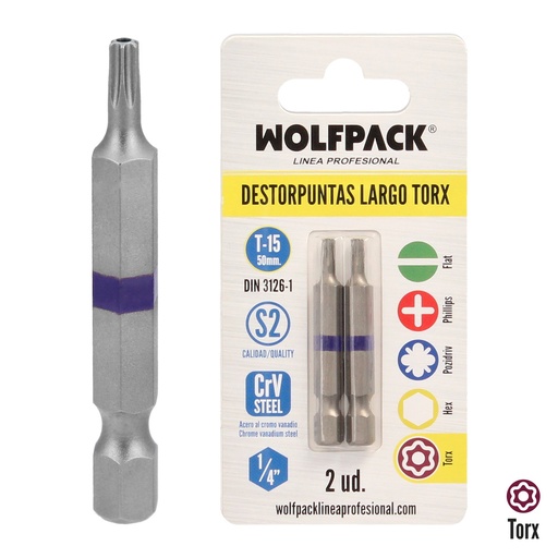 [2511755] Puntas Largas Destornillador Torx T15 (2 Piezas). Acero S2 al Cromo Vanadio. Puntas Hexagonales, Destorpuntas,