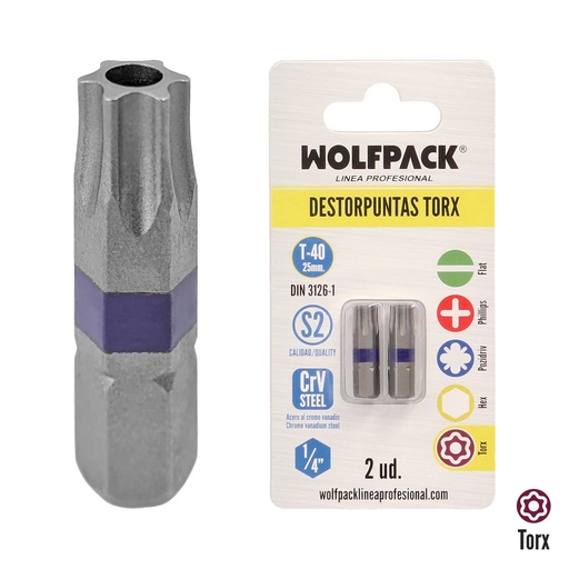 [2511705] Puntas Destornillador Torx 40 Inviolable (2 Piezas). Acero S2 al Cromo Vanadio. Puntas Hexagonales, Destorpuntas,