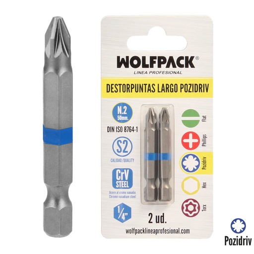 [2511655] Destorpuntas Largo Pozidriv Nº 2 (2 Piezas) Acero S2 al Cromo Vanadio. Puntas Hexagonales, Destorpuntas,